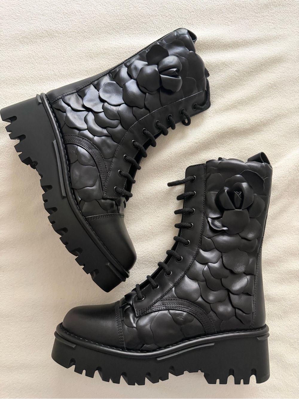 Valentino Garavani Black Floral Appliqué Combat Boots